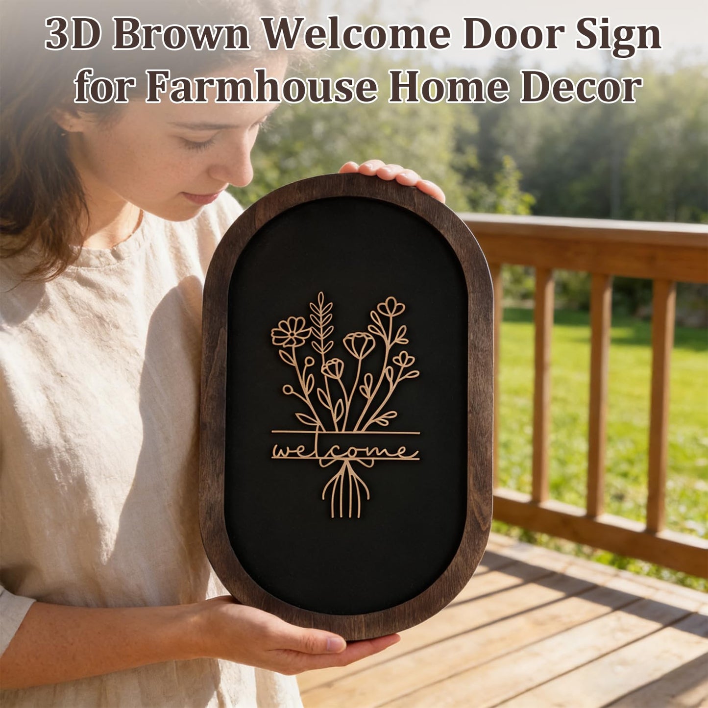 Welcome Sign for Front Porch, 3D Farmhouse Welcome Decor Rustic Wood Door Sign Distressed Home Wall Art with 3D Flower Patterns for Entryway Living Room Office Housewarming Decor