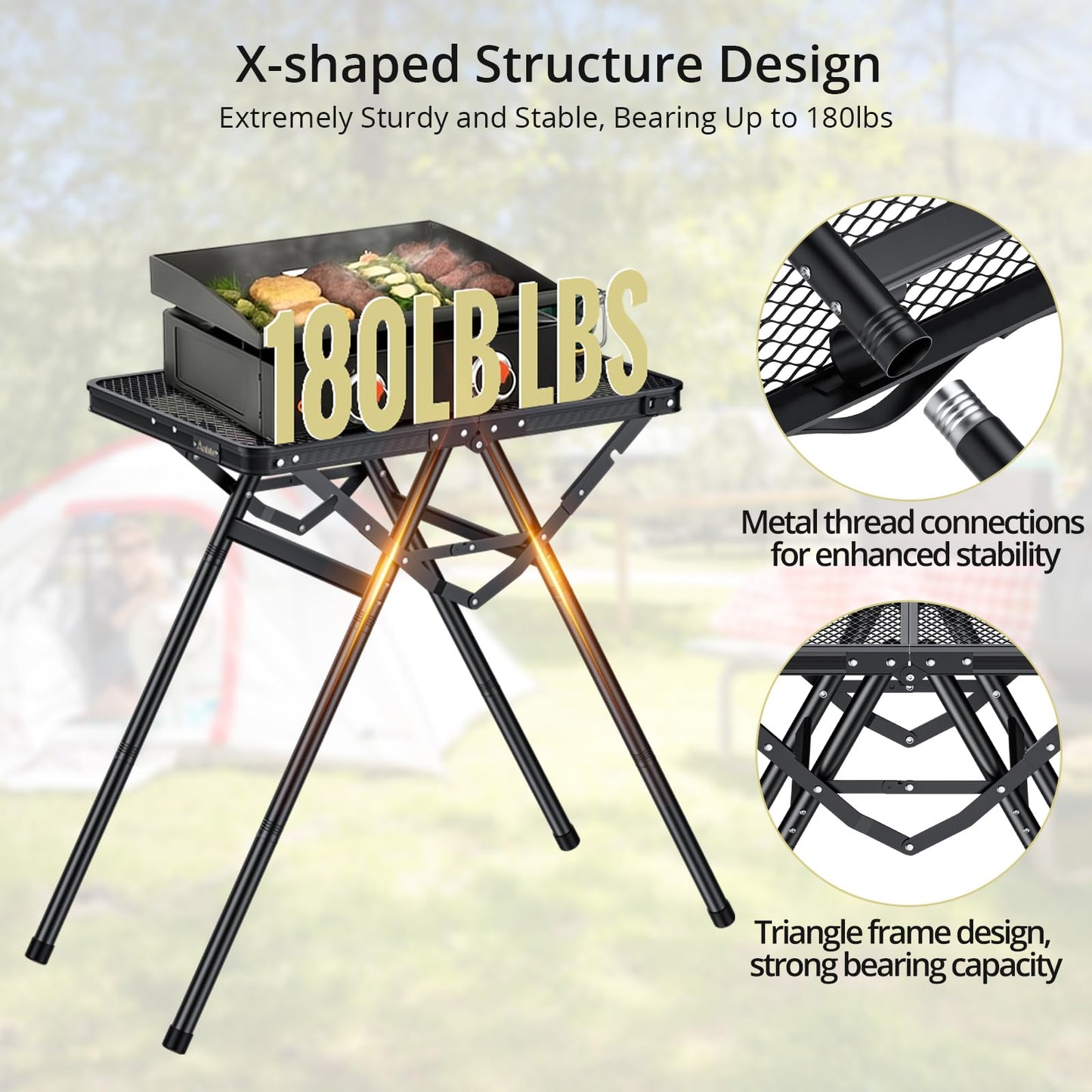Anbte 2ft Folding Grill Table, Supports 180 Lbs, 2 Adjustable Height 28” Portable Grill Table Heat-Resistant Tabletop, Folding Metal Table for Camping BBQ Cooking Backyard Outdoor, 24" X 16", Black