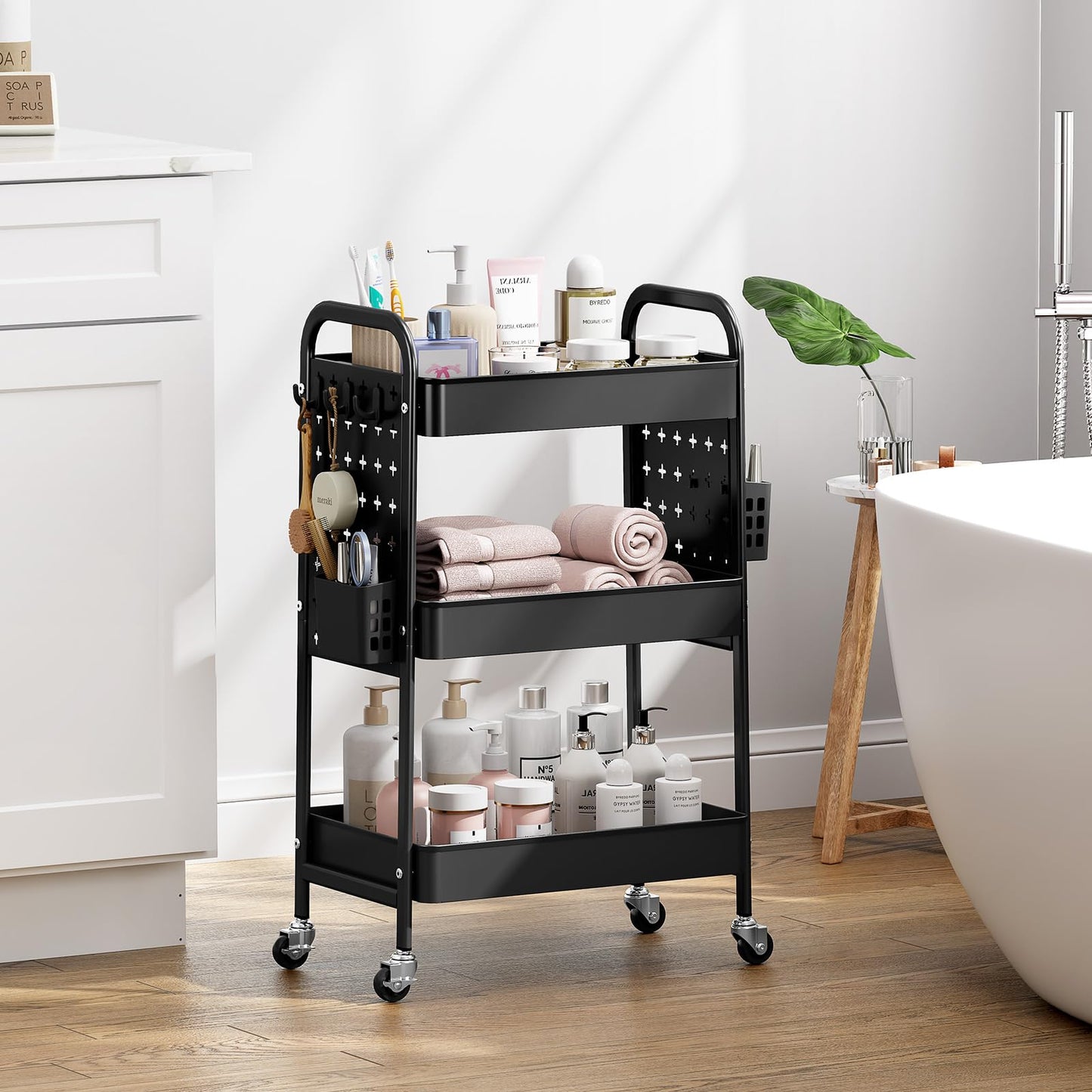 KINGRACK 3 Tier Rolling Cart with DIY Pegboard, Metal Utility Cart with Wheels, Hooks & Baskets, Sturdy Storage Organizer for Craft, Bathroom, Kitchen, Office, Nursery, Classroom