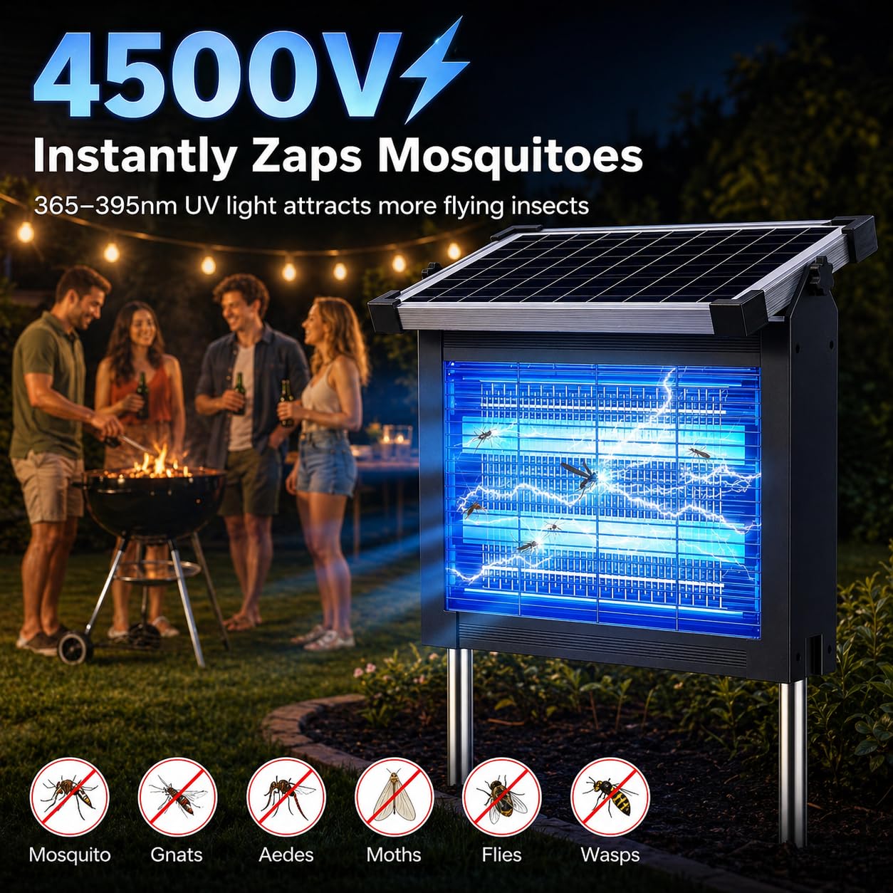 Solar Bug Zapper Outdoor, 4500V Waterproof Mosquito Zapper with 10W Solar Panel, Cordless Rechargeable Electric Fly Zapper, Mosquito Killer Lamp with Auto Sensor for Patio, Backyard, Garden, Camping