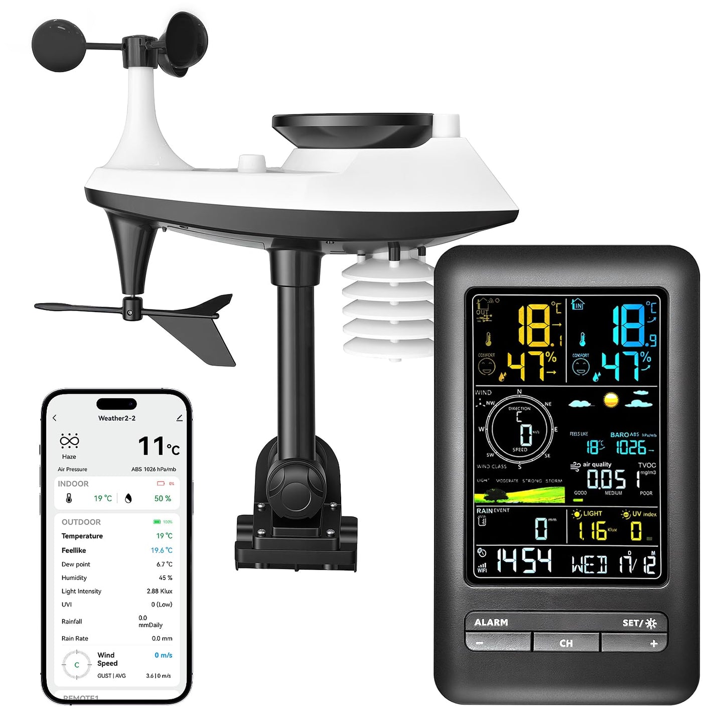 Wireless Weather Station Indoor Outdoor with WiFi Rain Sensor, Smart Weather Monitor with Temperature Humidity Monitoring, Remote App Control for Home Garden Patio