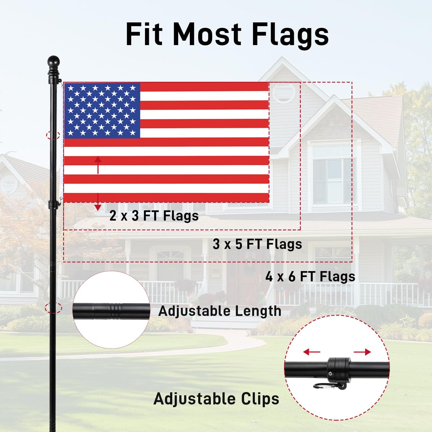SEEKNEW Black Flag Pole for Outside House, 6 FT Stainless Steel No Tangle Spinning Residential Flagpoles & Two-Position Flag Pole Holder Brackets Mounting for USA Outdoor Flags for Porch(Without Flag)