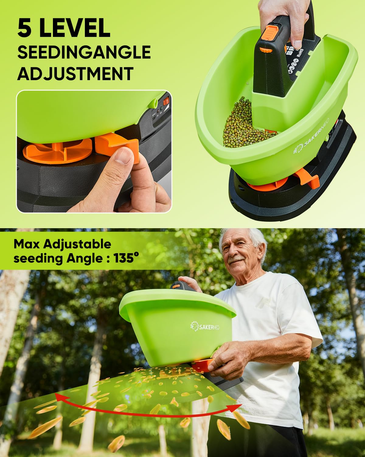 SAKERNEO Handheld Lawn Spreader - 7.2V Battery Powered Seed & 135° Fertilizer Spreader, 3L Large Capacity for 6400 Sq.Ft, 7 Settings & 5 Angles, Rechargeable Grass Seeder for Even Lawn Care