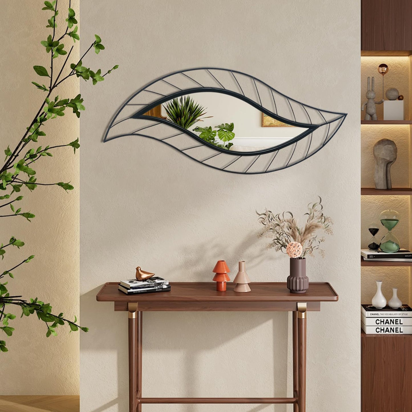 ironsmithn Decorative Wall Mirror, Leaf Teardrop Mirror with Metal Frame, 45" x 18.5" Black Wall Mounted Mirror for Bathroom Vanity Living Room Bedroom Fireplace