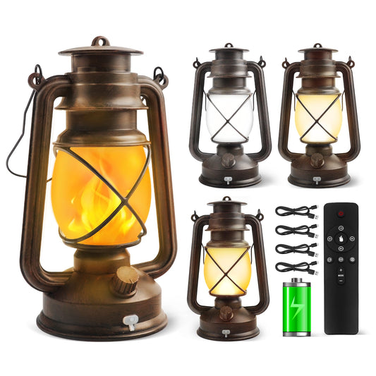 4 Pack Bronze Vintage 4 Modes Light LED Lanterns，Rechargeable Dancing Flame Lanterns Decorative Outdoor&Indoor, Remote Control Waterproof Hanging Lights for Camping,Patio Garden Pathway