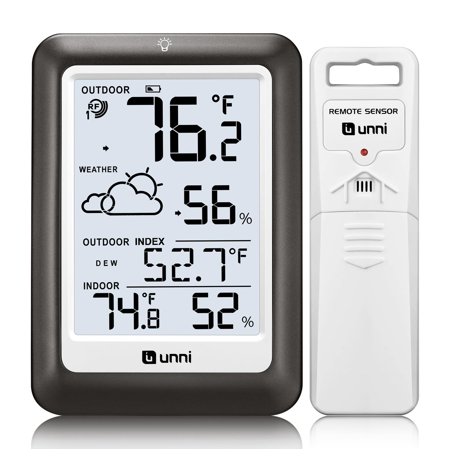 Indoor Outdoor Thermometer Wireless Weather Station, Temperature Humidity Monitor Battery Powered Inside Outside Thermometers with 330ft Range Remote Sensor and Backlight Display（Metal Black）
