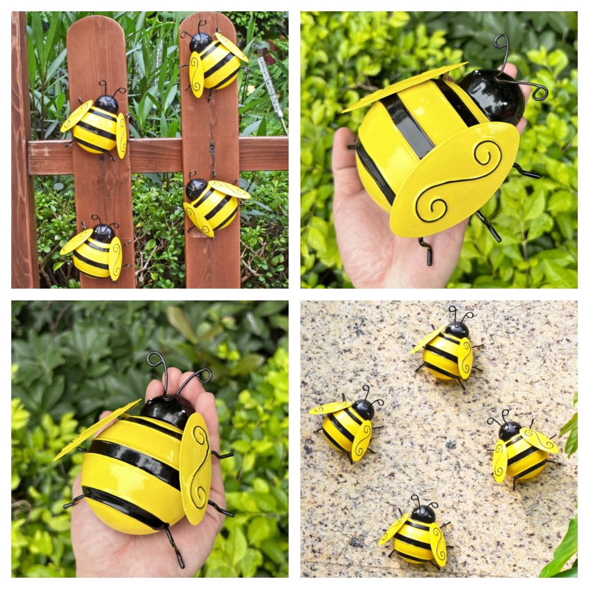 Miyolo Metal Bumble Bees Garden Outdoor Decor Honey Bee Yard Art Outside Patio Fence Home Wall Decorations (Set of 4)