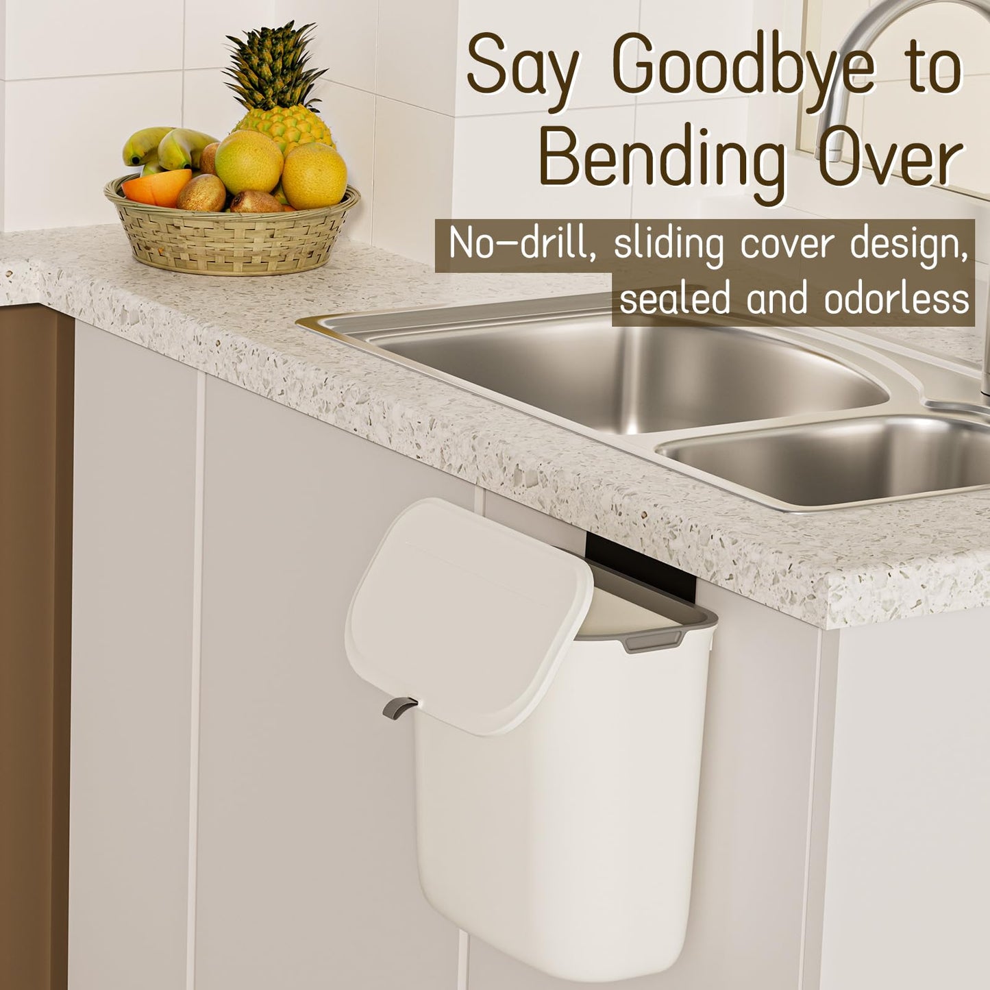 LYNLOO 2.4 Gallon Kitchen Compost Bin Hanging Small Trash Can with Lid Under Sink Dual Installation & Triple-Seal Technology, Odorless Kitchen/Bathroom/Office Trash Can for Home, RV