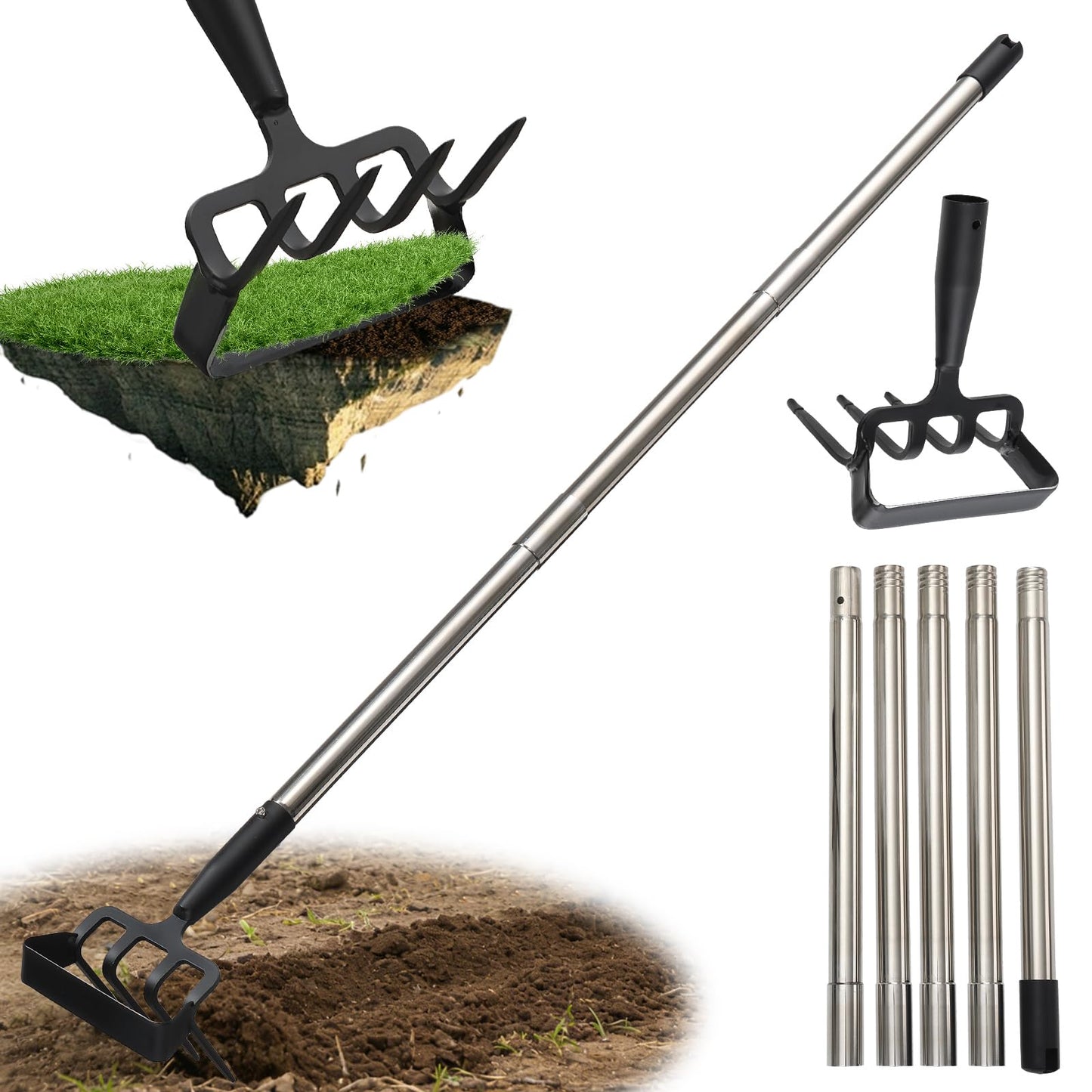 REILEIHODE Hoe Garden Tool for Weeding 2-in-1 Heavy Duty Metal Stirrup Hoe 4 Tines Prong Weed Hoe with 25-74 inch Long Adjustable Handle for Women Kids Men