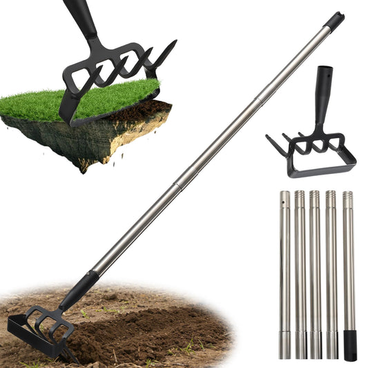 REILEIHODE Hoe Garden Tool for Weeding 2-in-1 Heavy Duty Metal Stirrup Hoe 4 Tines Prong Weed Hoe with 25-74 inch Long Adjustable Handle for Women Kids Men