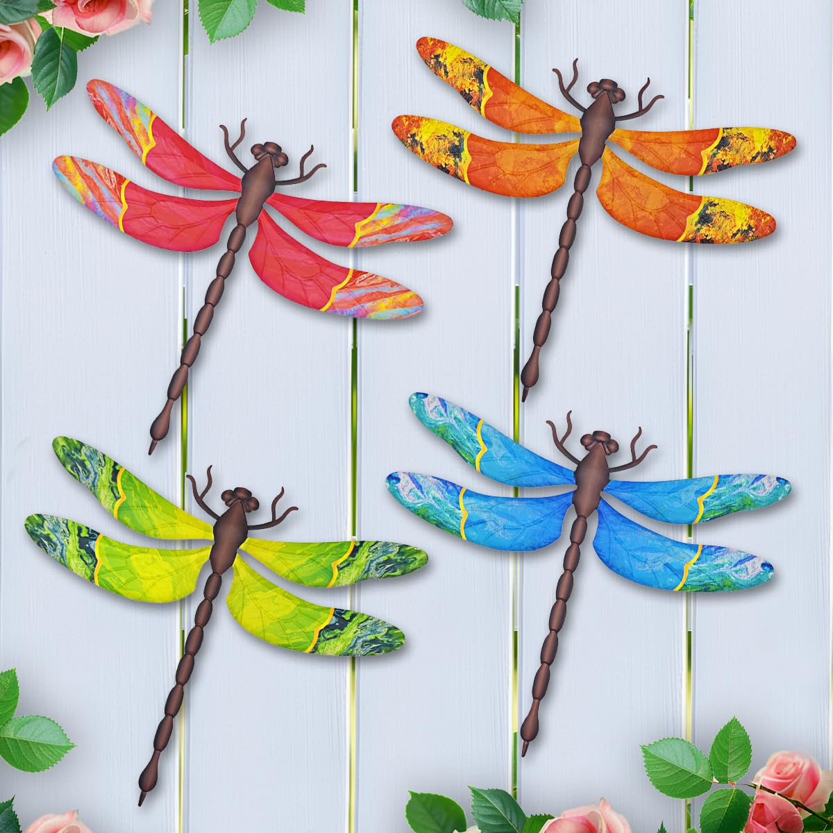 Metal Dragonfly Wall Decor, 4 Pack 13 inch Metal Dragonflies Wall Art Hanging Sculpture Decorations for Outdoor, Yard Patio Fence Garden Outside Decor