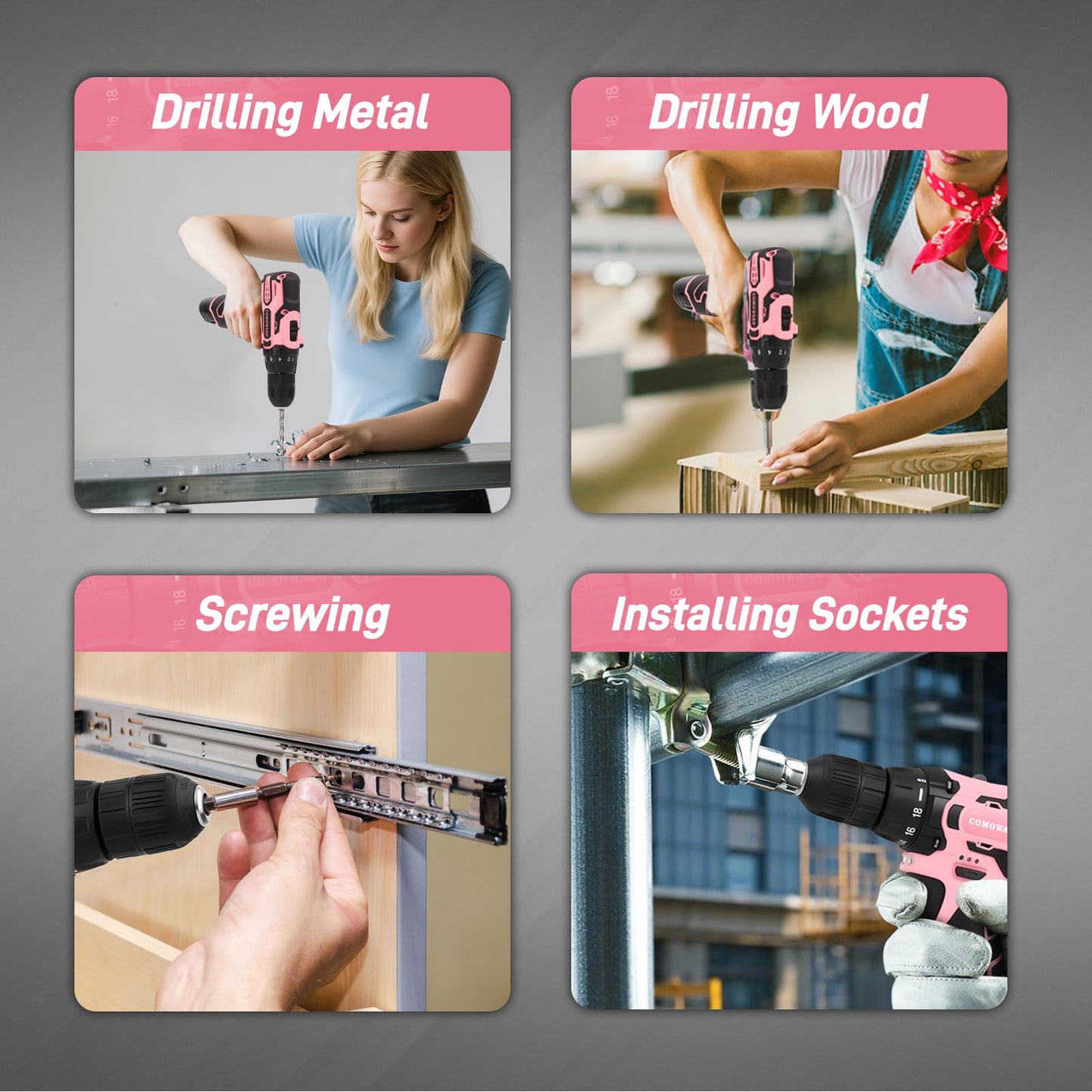 COMOWARE Pink Household Tool Set with 12V Cordless Drill Driver, Hand Tool Kit for Women, Power Drill Set with Plastic Toolbox, Ideal for Office, Garden, DIY Project