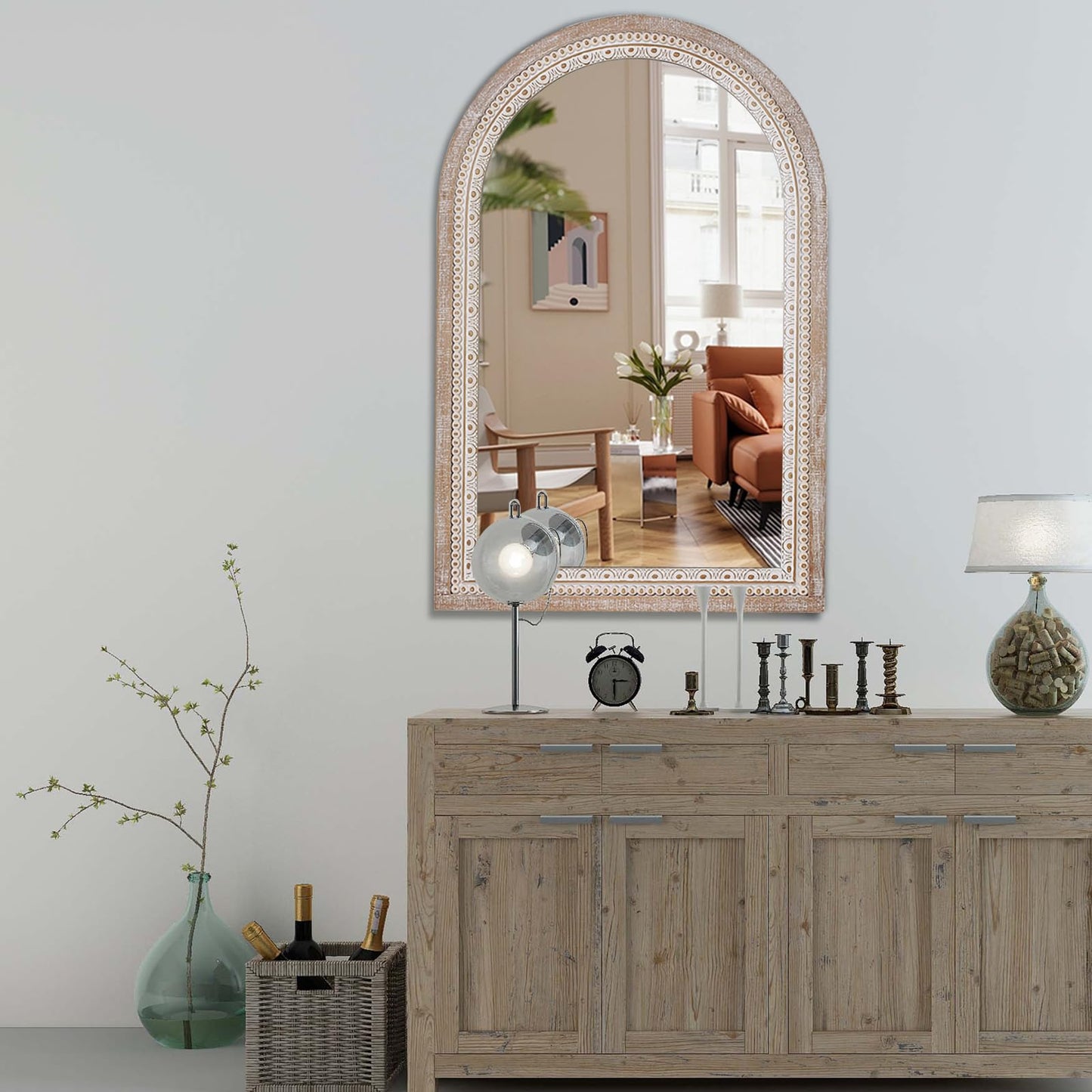36x24 Inch Rustic Farmhouse Arched Wall Mirror, Boho Distressed Wooden Frame Decorative Arch Mirror for Bathroom Over Sink, Living Room, Entryway, Foyer