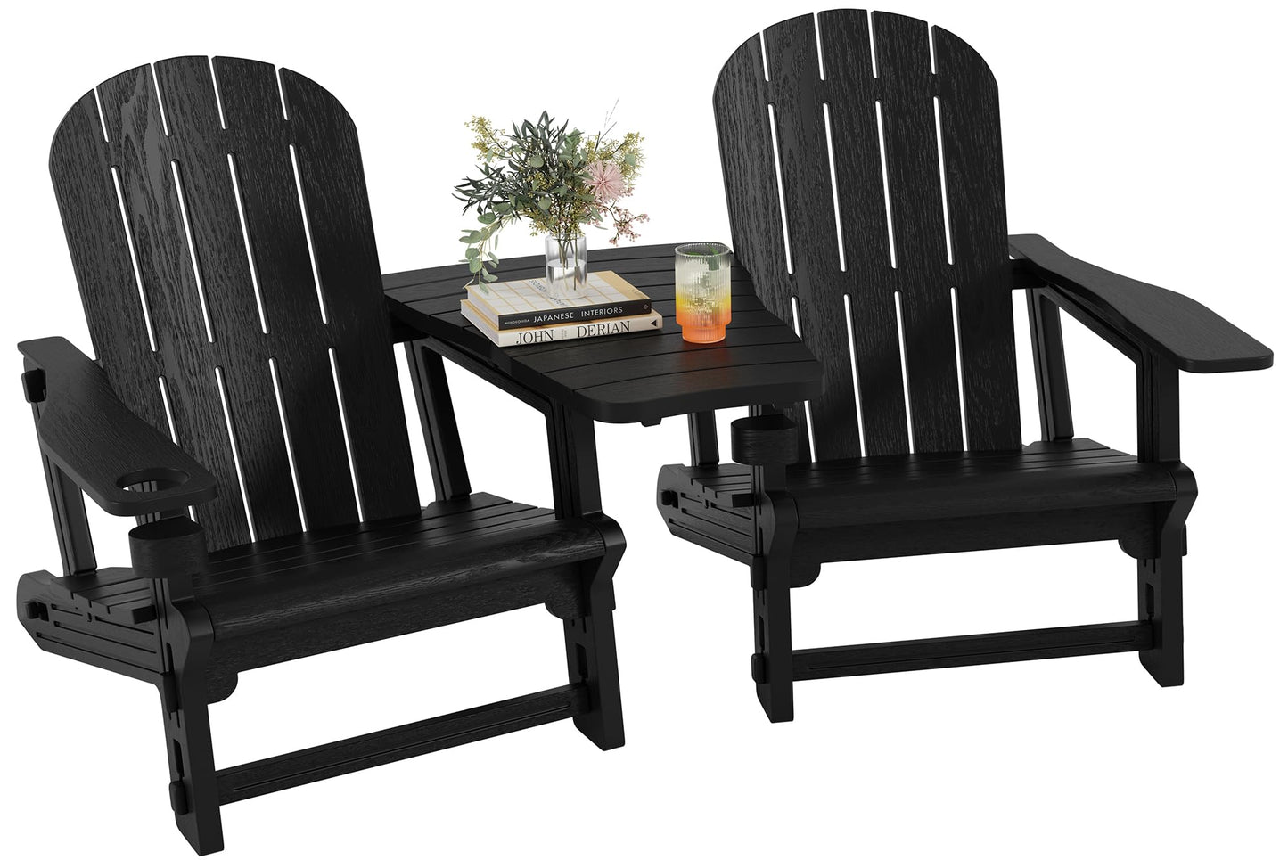 Shintenchi Adirondack Chairs Set of 2,HDPE Adirondack Chairs w/Removable Tablelop & Umbrella Hole,All-Weather Wooden Textured Plastic Outdoor Chairs w/Cup Holders for Garden Backyard Pool,Black