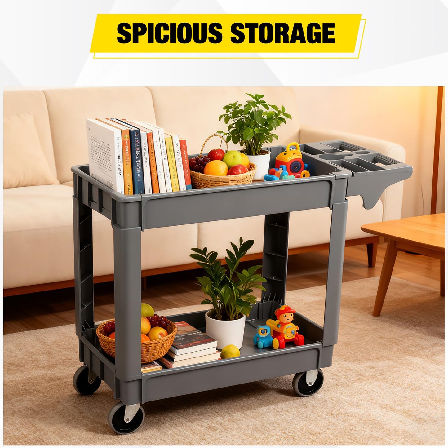 POTOLON Heavy Duty 2-Shelf Plastic Utility Cart - 550 lbs Capacity Rolling Service Cart with 5" TPU Silent Wheels & Integrated Tool Handle - Grey