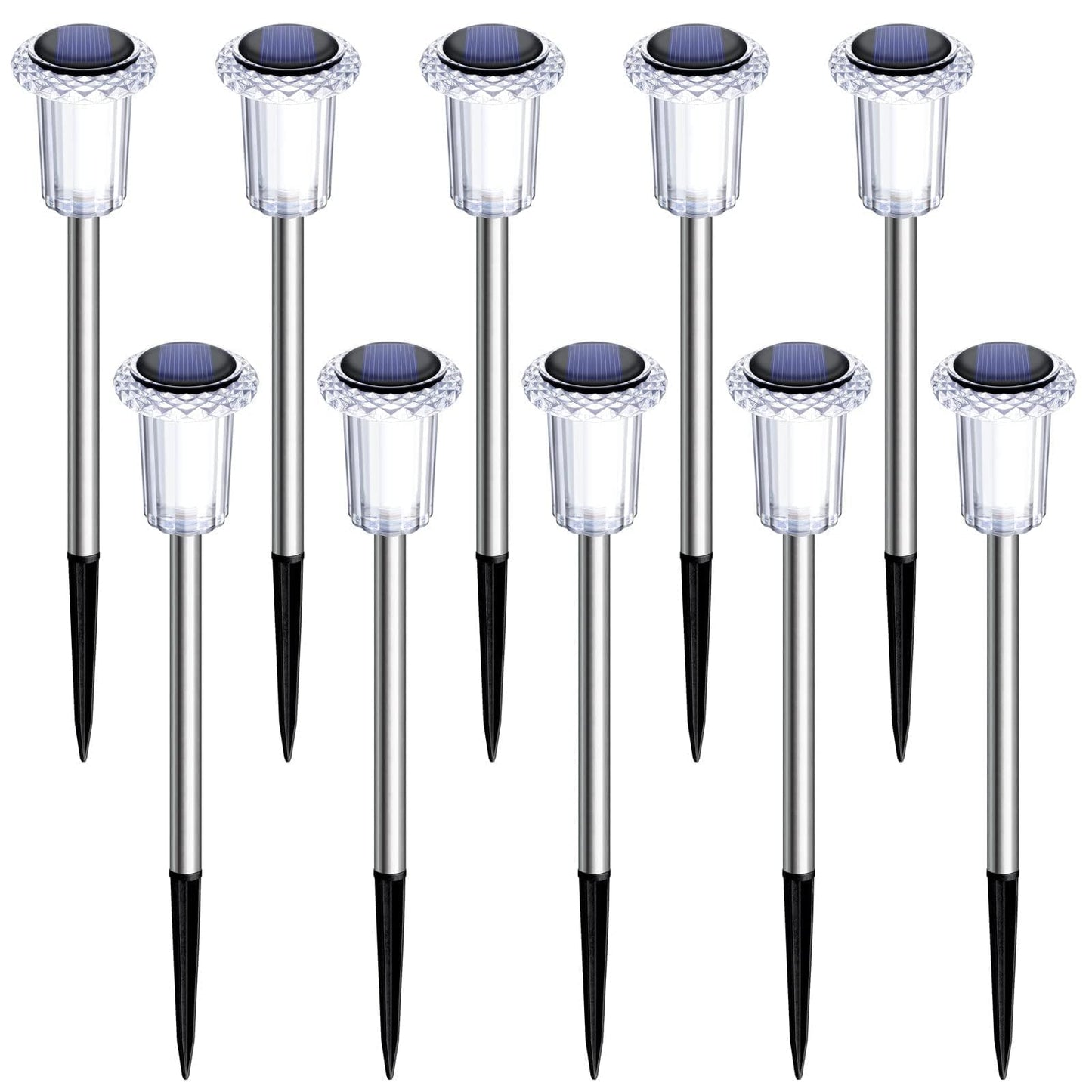 DenicMic Solar Lights Outdoor 10 Pack Waterproof 3000K Warm White LED Stainless Steel Stake Outside Lights for Yard Pathway Garden Driveway Walkway Landscape Path Lighting