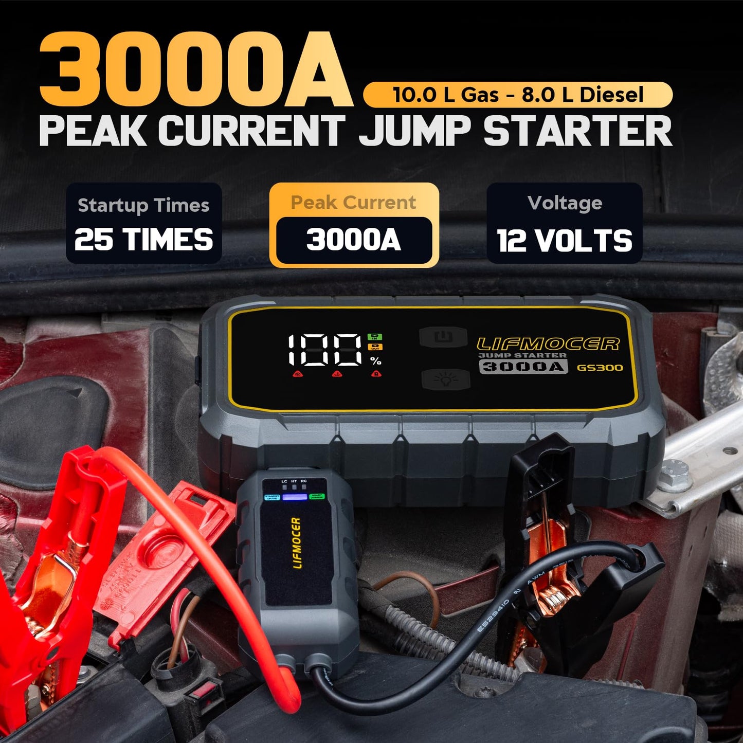 GS300 Car Jump Starter,3000A Portable Battery Jumper Starter for Up to 10.0L Gas & 8.0L Diesel Engines,59.2WH 12V Jump Box with Storage Case,USB Quick Charge,LCD Display,for Cars,Motorcycles,Trucks