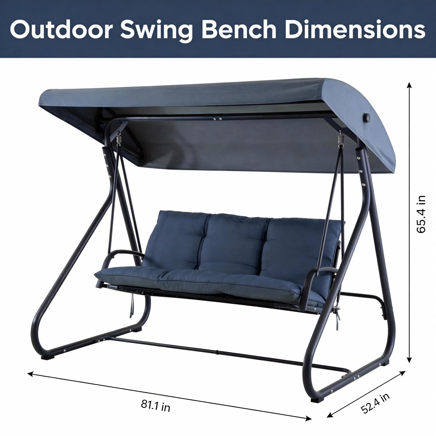 GarveeLife 3-Seat Outdoor Swing Glider with Canopy, Converts to Flat Bed, Adjustable Shade, Removable Cushions, Heavy-Duty Steel Frame, 750 lbs Capacity, for Patio, Backyard, Porch or Garden, Blue