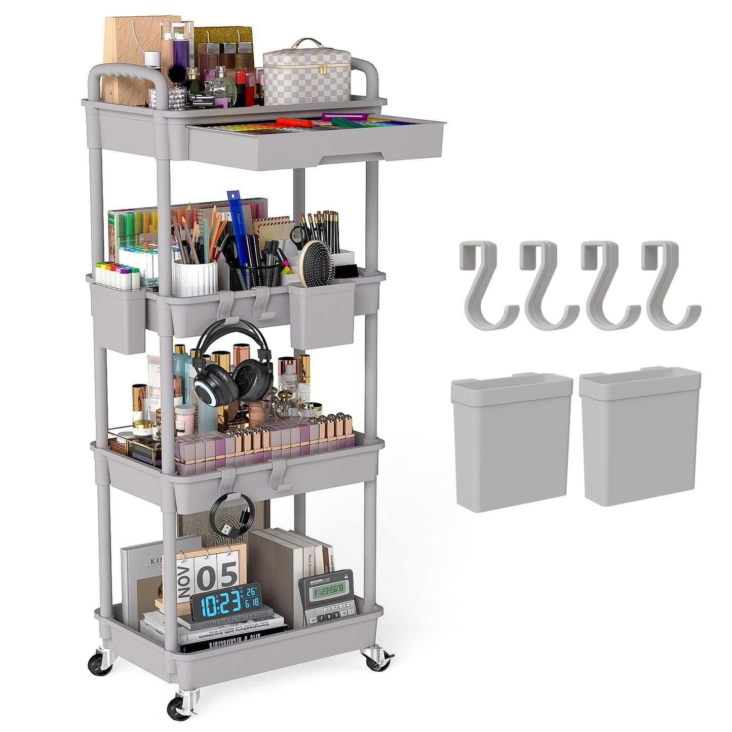 LLMRR 4 Tier Rolling Utility Cart with Drawer, Plastic Storage Organizer Rolling Carts with Wheels Handles Hanging Cups Hooks for Office, Bathroom, Kitchen,Craft Art Room (Grey)