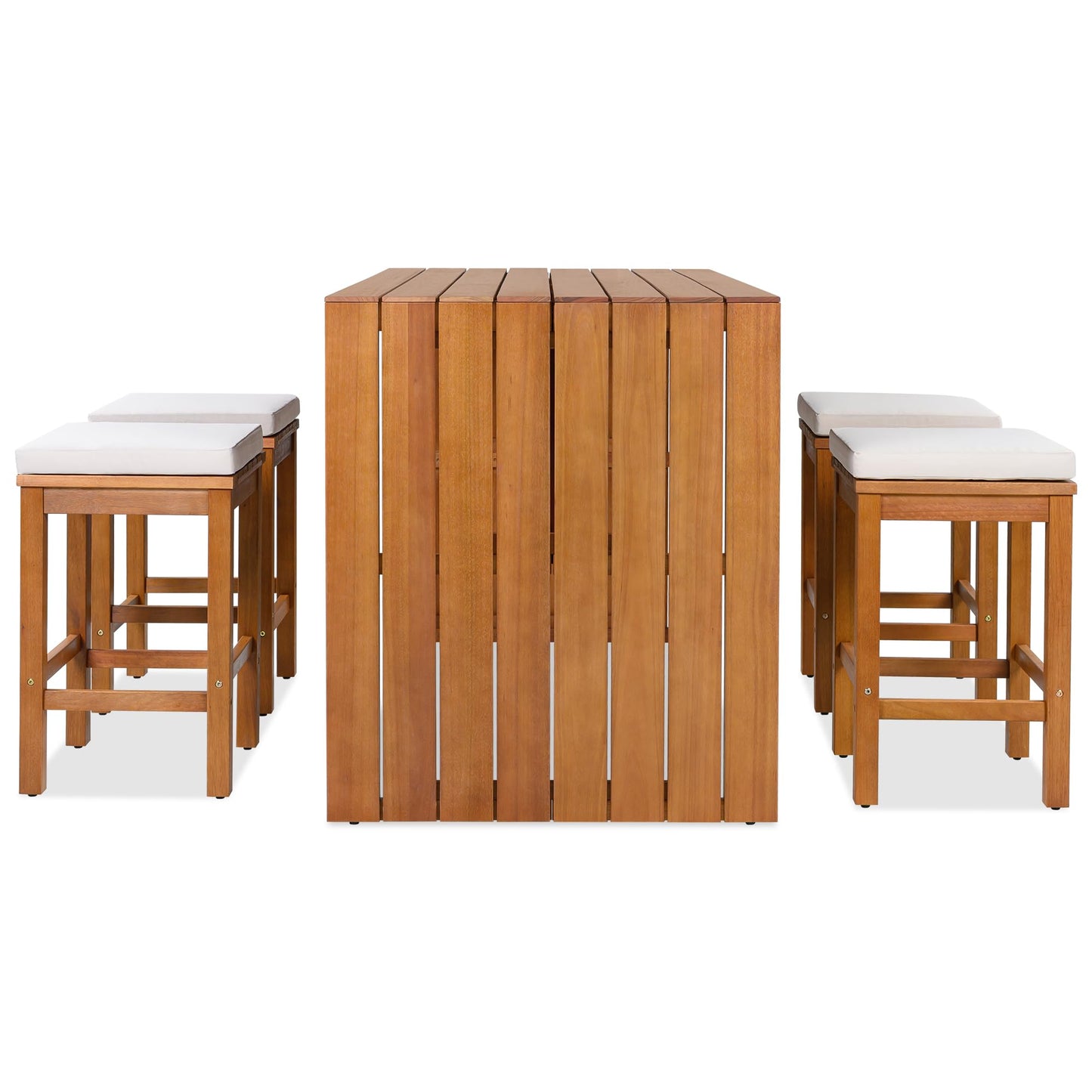 Merax 5 Piece Outdoor Acacia Wood Dining Table Bar Set, Patio Acacia Wood Bar Height Table & 4 Stools with Cushions, Wood Dining Bar Set for Backyard, Poolside, Balcony, Beige Cushion + Natural Wood