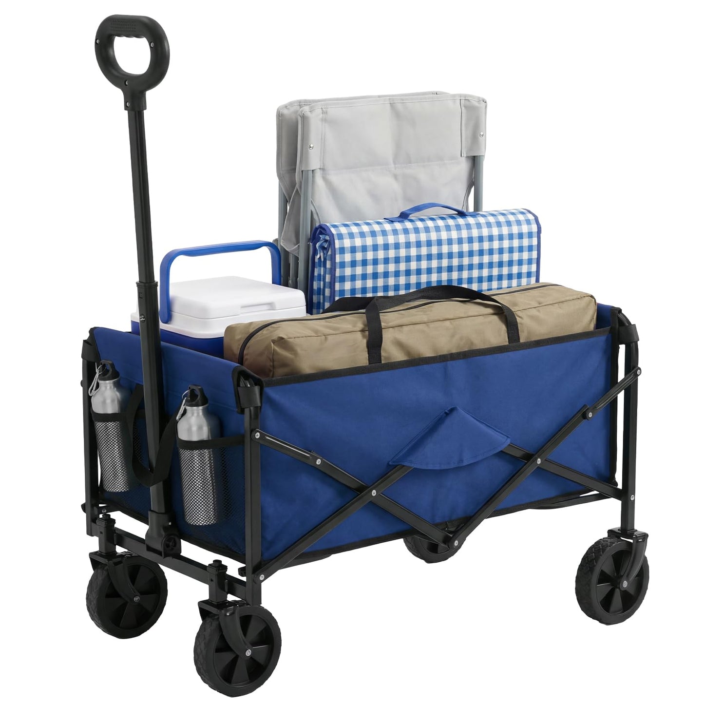 DUMOS Collapsible Wagon Cart, 67L Heavy Duty Utility Folding Wagon with Wheels – 220 lbs Weight Capacity, Flexible Handle for Beach, Grocery, Camping & Garden, Blue