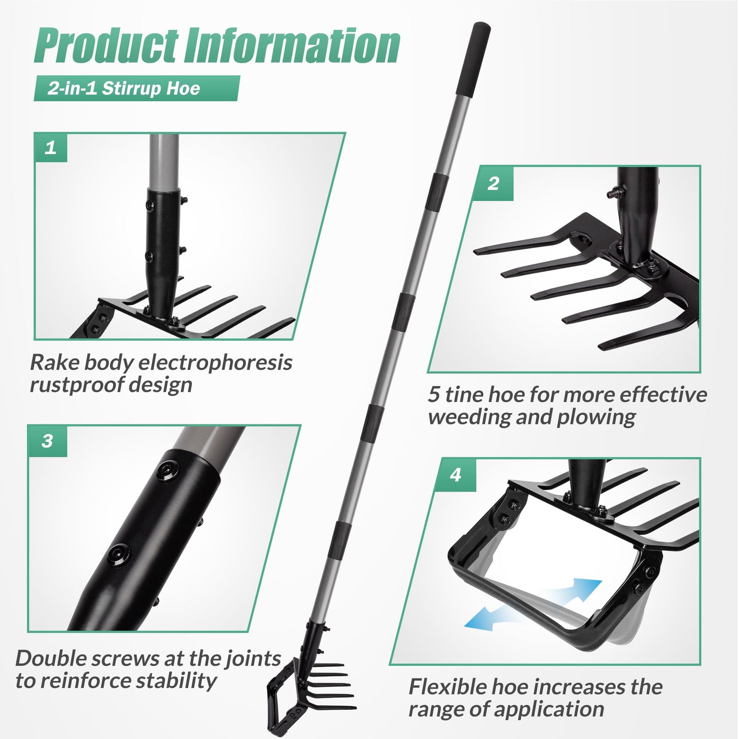 Suchtale 82 Inch Action Rake Hoe, 5-Tines Cultivator, Adjustable 37-82" Handle, Garden Weeding & Planting