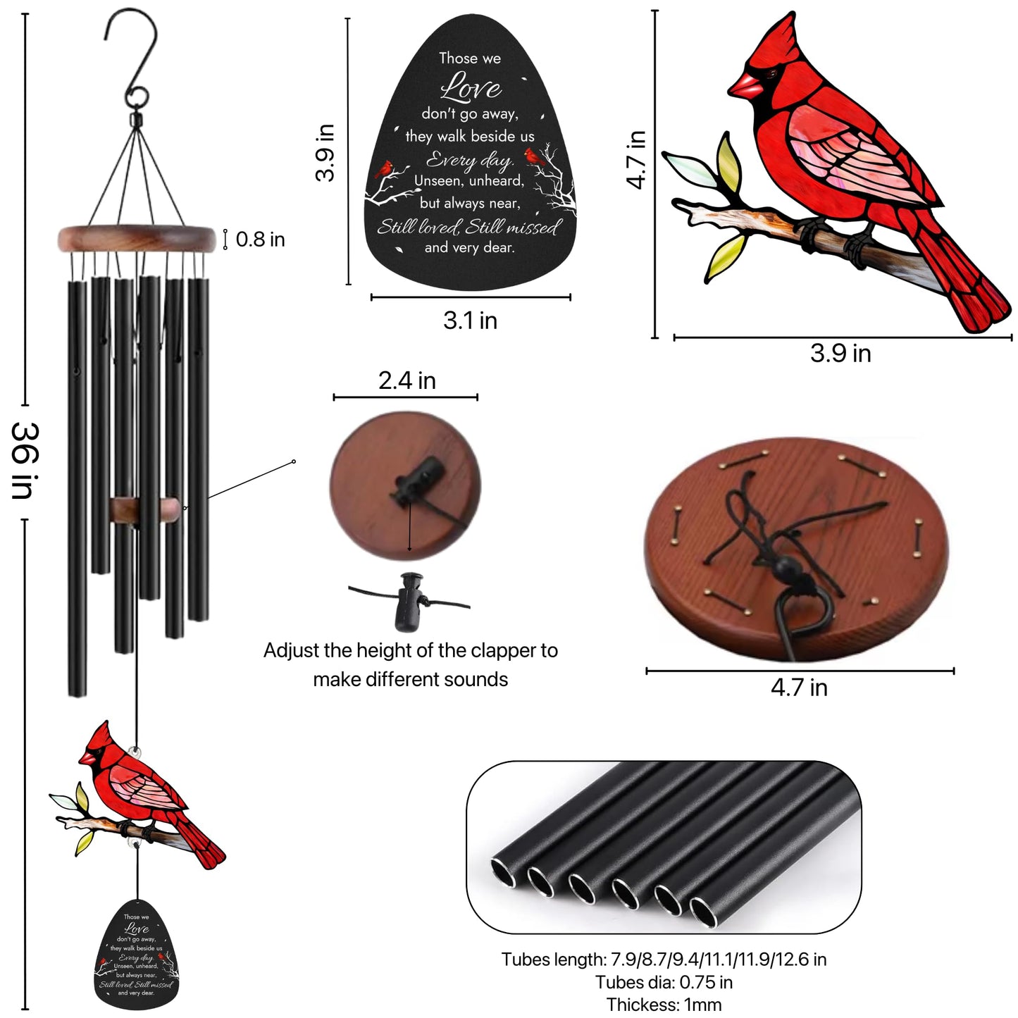 Memorial Wind Chimes for Loss of Loved One, Sympathy Gifts for Loss of Mother/Dad/Husband - Cardinal Wind Chimes for Outside with Mute Option, in Memory of Loved One Gifts, Sympathy Wind Chimes 36''