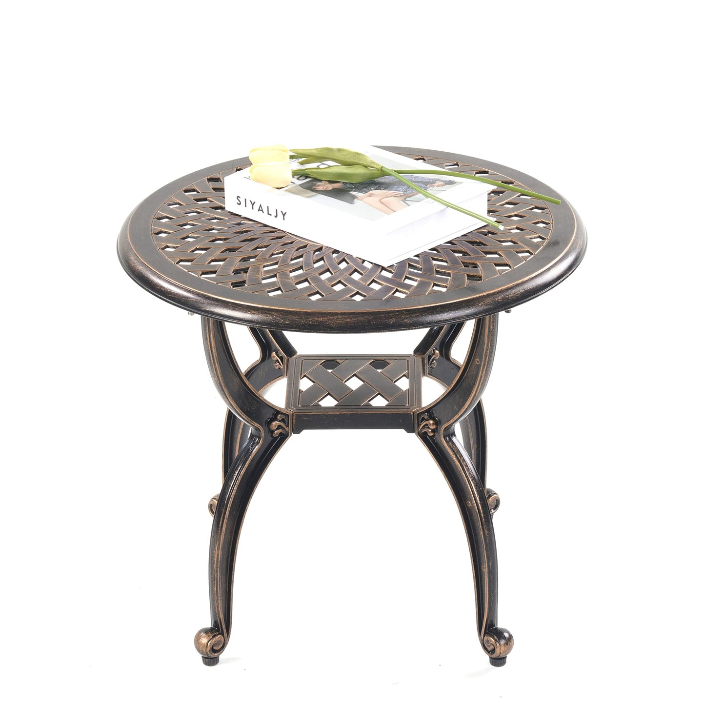Mandolin Outdoor Patio,Rust -Resistant Cast Aluminum Side Table,Weather Resistant End Table，Coffee Table， Perfect for Patio, Backyard Or Garden. (Aluminum Round, Copper)