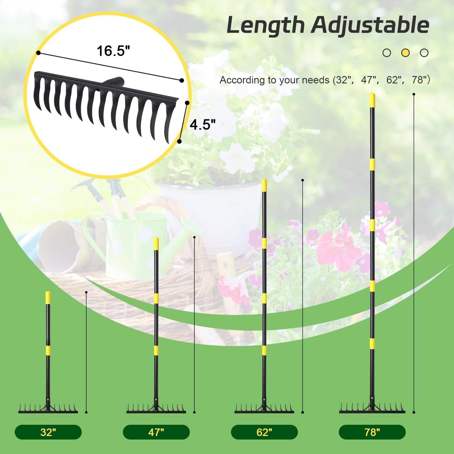 Bow Rake, 78" Heavy Duty Garden Tools Lawn Leveling Rake with Long Handle, 12 Tines Garden Tools Metal Head for Loosening Soil, Cleaning the Leaves and Weeding Control, Leaf, Thatch, Landscape Tools