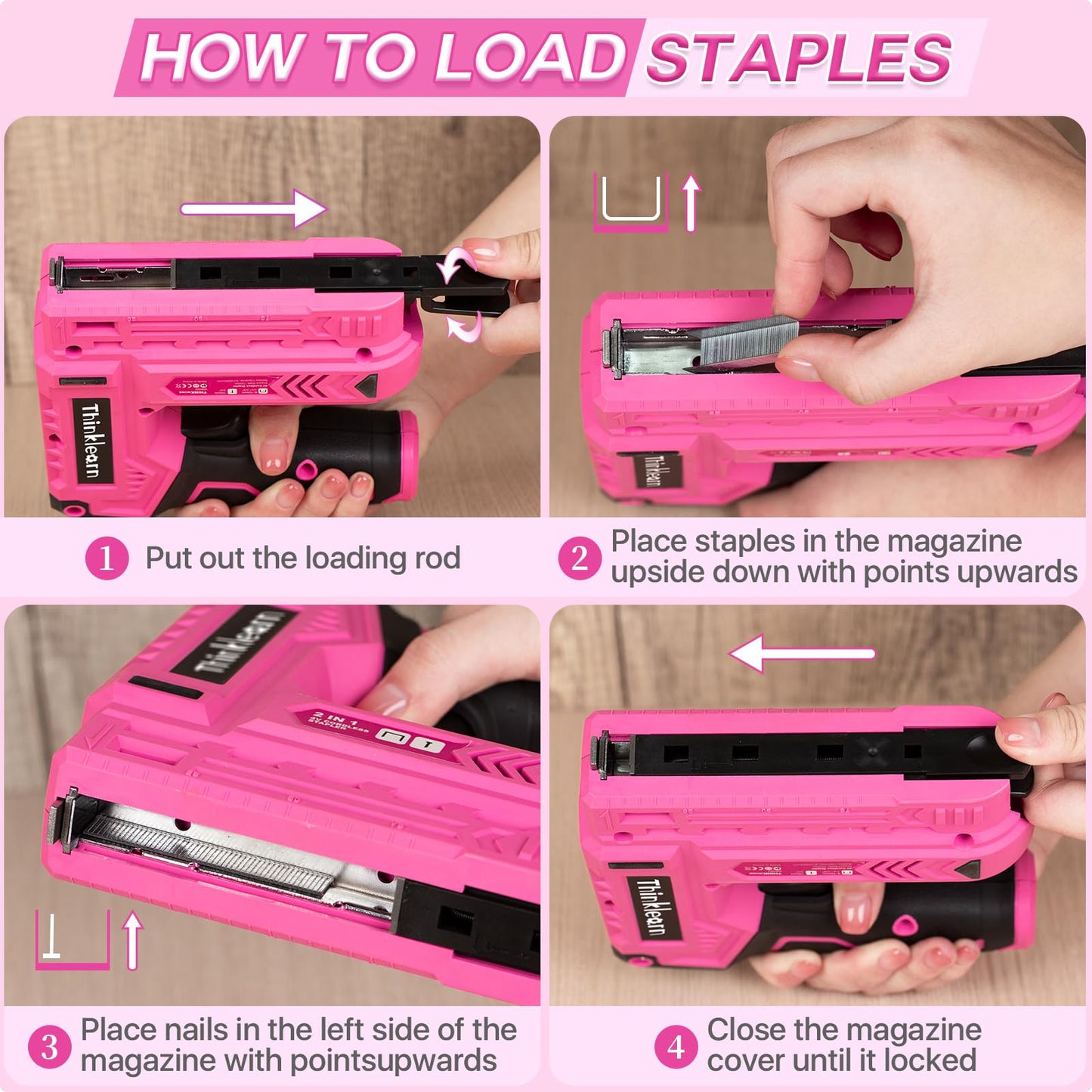 Pink Electric Staple Gun, 7PCS 2 in 1 Cordless Stapler Nail Gun Set with 3300pcs Staples Nails, 4V Brad Nailer Tacker for Upholstery, Wood, Carpentry, Crafts, DIY, Brad Nailer Kit with USB Charger