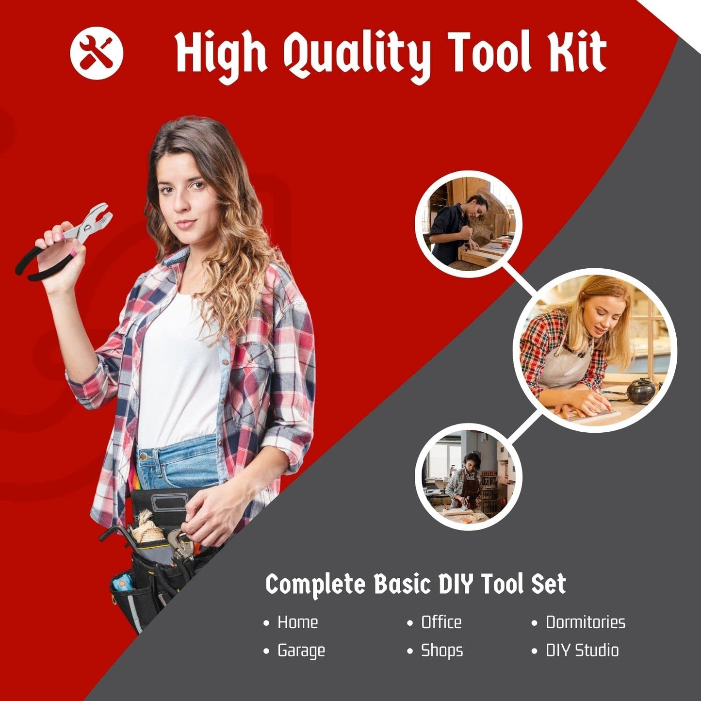 Flexzion 39 Piece Hand Tool Kits with Case - Compact Tool Kit for Handyman, Homeowners DIY - Household Tool Kit for Home with Portable Basic Tool Set Case, Red