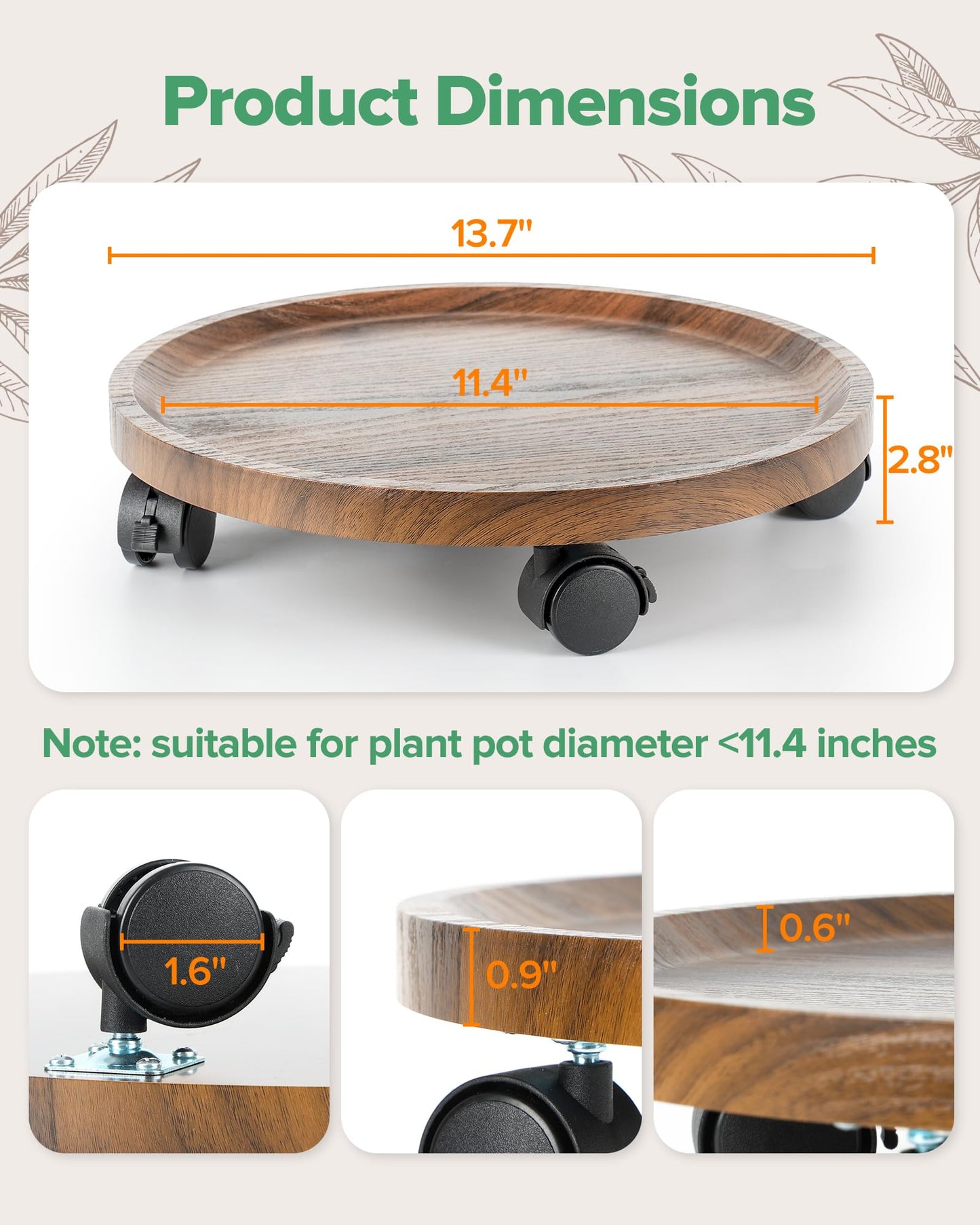 AZADESJET 2 Pack Plant Caddy with Wheels, 14" Wood Rolling Plant Stand with 360° Lockable Wheels, Plant Stands Outdoor for Large Plants, Flower Cart Plant Dolly Plant Caster for Heavy Objects, Walnut