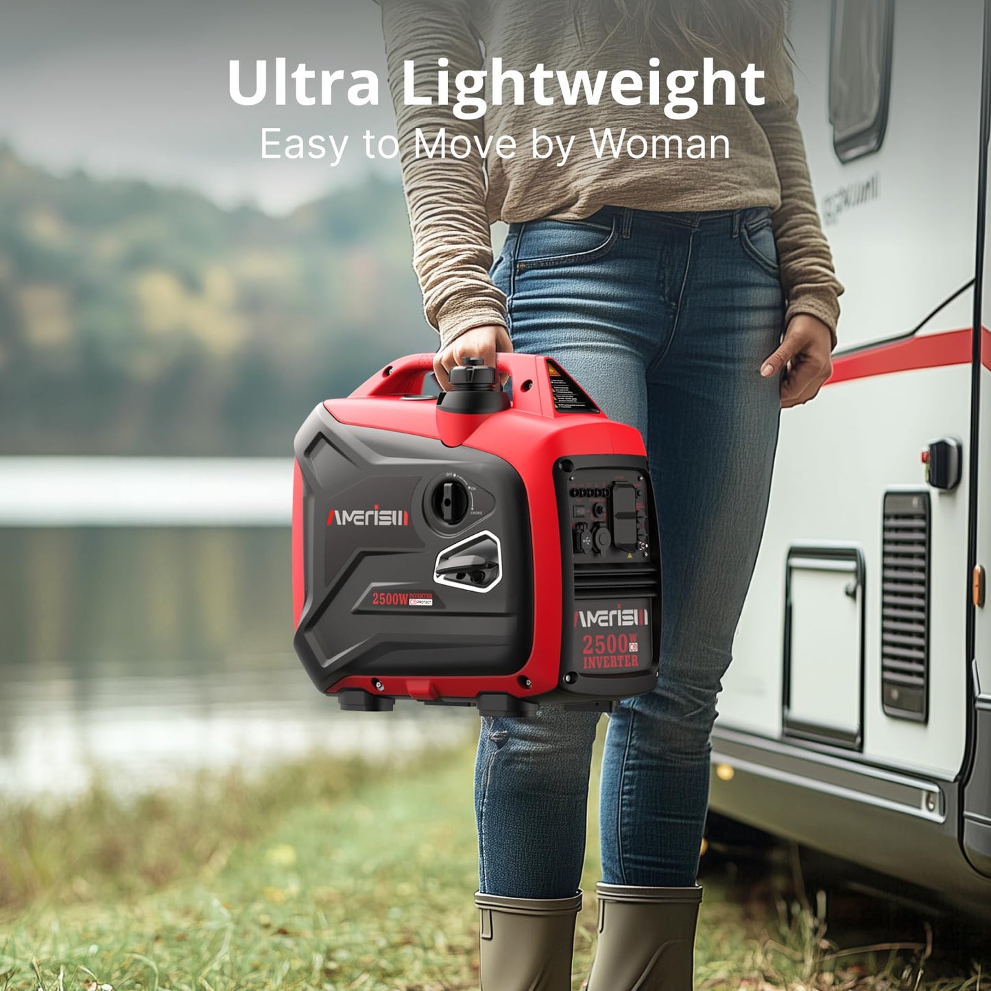 AMERISUN 2500-Watt Gas Powered Portable Inverter Generator for Home Use - Ultral Light for RV and Camping, CO Sensor, Outdoor and Home Backup, Long Run Time