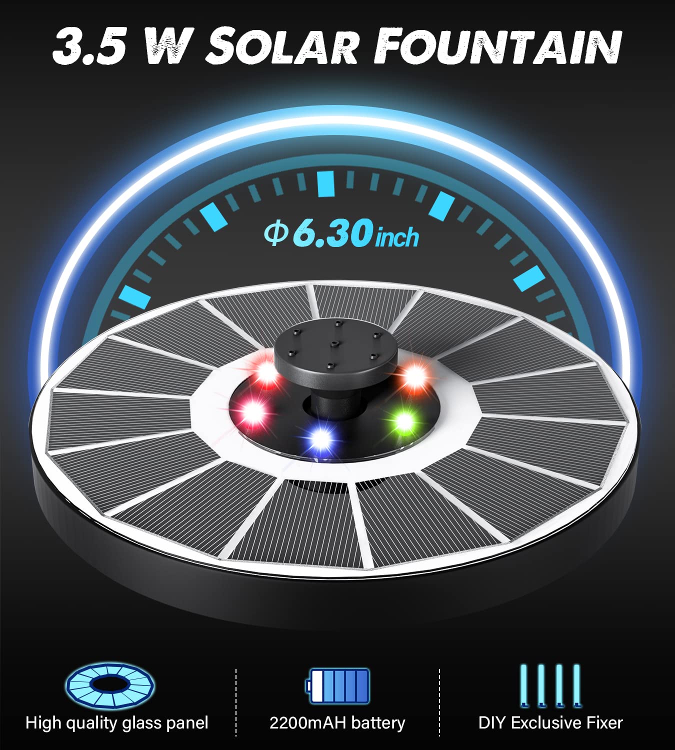 Yzert Solar Fountain Glass Panel with 2200 mah Battery, 3.5W Floating Solar Water Fountain with 4 Fixed Rods, Solar Pump for Bird Bath, Garden, Pond, Pool, Outdoor (White Panel Colorful Lights)