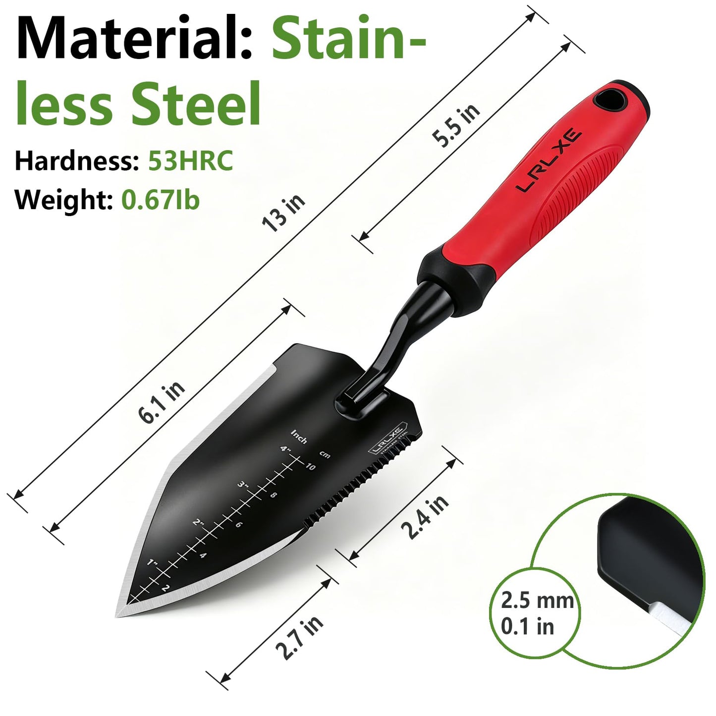 LRLXE Heavy Duty Garden Trowel, Stainless Steel Pointed Hand Shovel with Non‑Slip Rubber Handle, Ideal for Digging, Weeding, Transplanting, Planting Bulbs & Soil Scooping