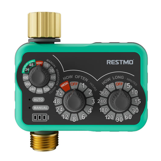 RESTMO 3-Dial Analog Sprinkler Timer with Brass Inlet & Outlet, Mechnical Water Timer for Garden Hose with Manual/Rain Delay, Automatic Drip Irrigation System, 480 Minutes Max Watering, Easy to Set Up