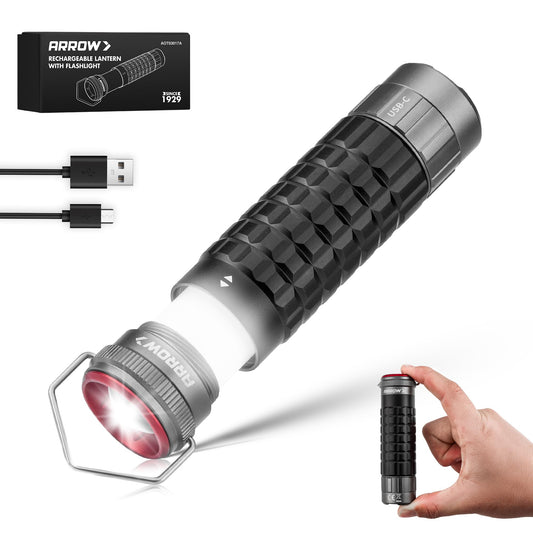Arrow 2-in-1 Portable Camping Lantern and Flashlight with 3 Modes, USB-C Rechargeable LED Lantern with Battery Indicator and Iron Hook, Lanterns for Power Outages, Camping, Hiking, Emergency