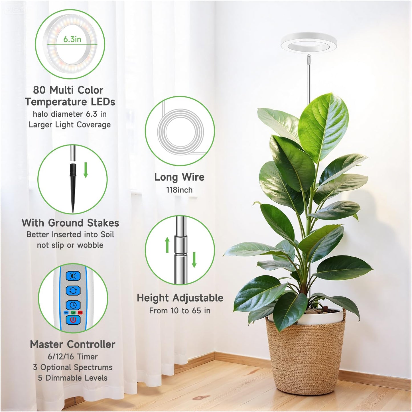Aokrean Grow Light, 80 LEDs Full Spectrum Plant Light for Indoor Plants, Height Adjustable 10"-65" Growing Lamp with Auto Timer for 6/12/16Hrs,3 Optional Spectrums,5 Brightness, 1 Pack