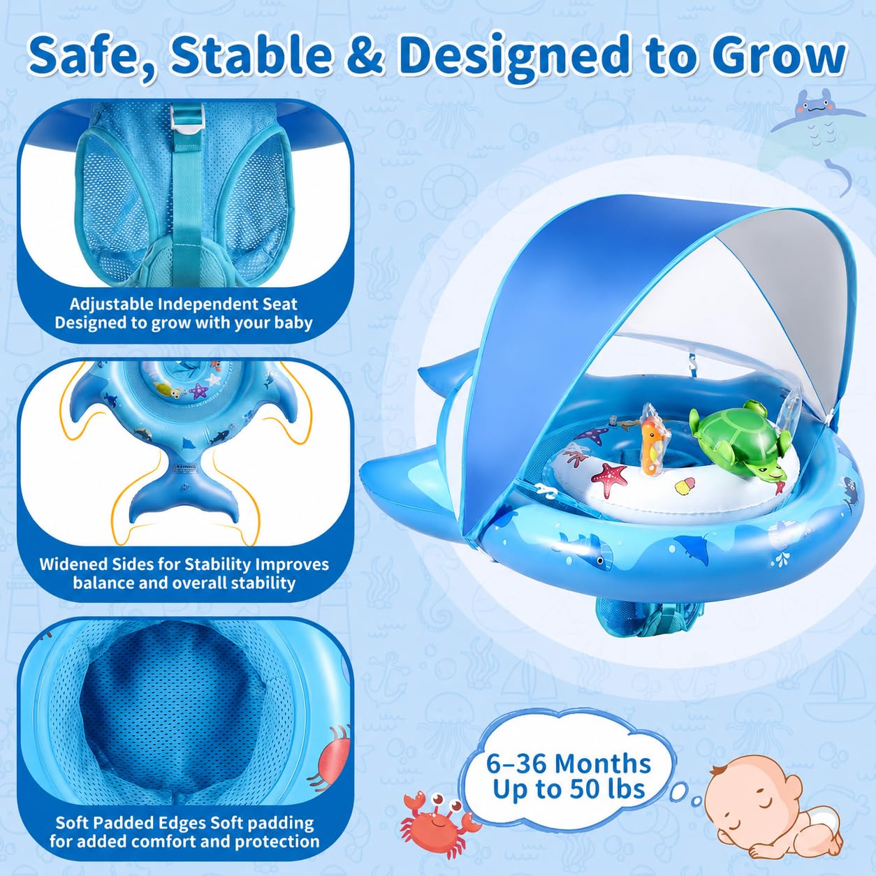 Inflatable Baby Pool Float with Sun Canopy, UPF50 Sun Protection, Portable & Easy to Store, Padded Safety Seat with, Includes Air Pump, with Toys Baby Swim Float for 6-36 Months Boys & Girls(Blue)