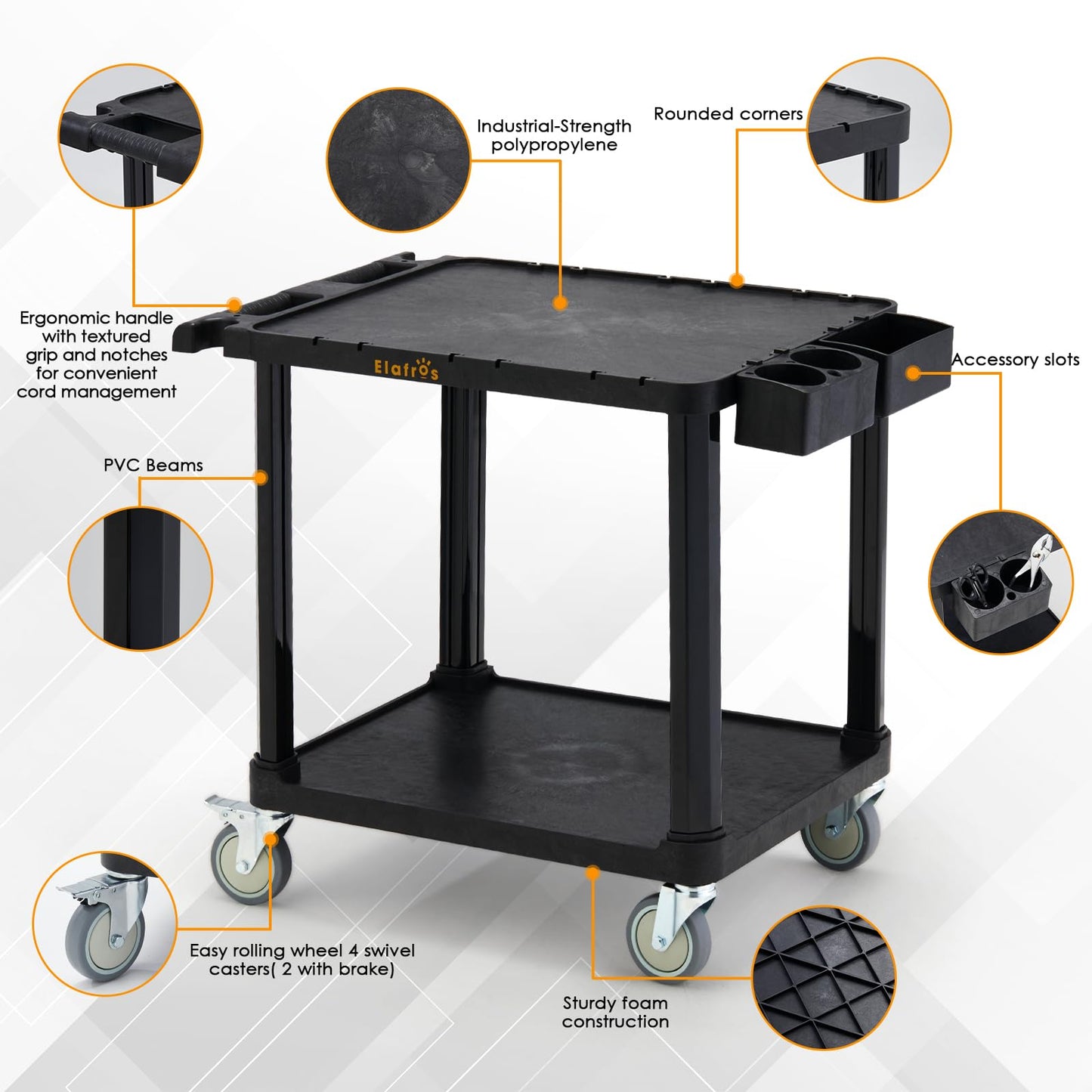 ELAFROS 2-Tier Low Profile Utility Cart, 27.8" x 18" x 26", Deep Shelves, 4” Swivel Wheels with 2 Lockable, Holds up to 330 lbs – Compact Rolling Storage & Service Cart for Office, Home, Garage