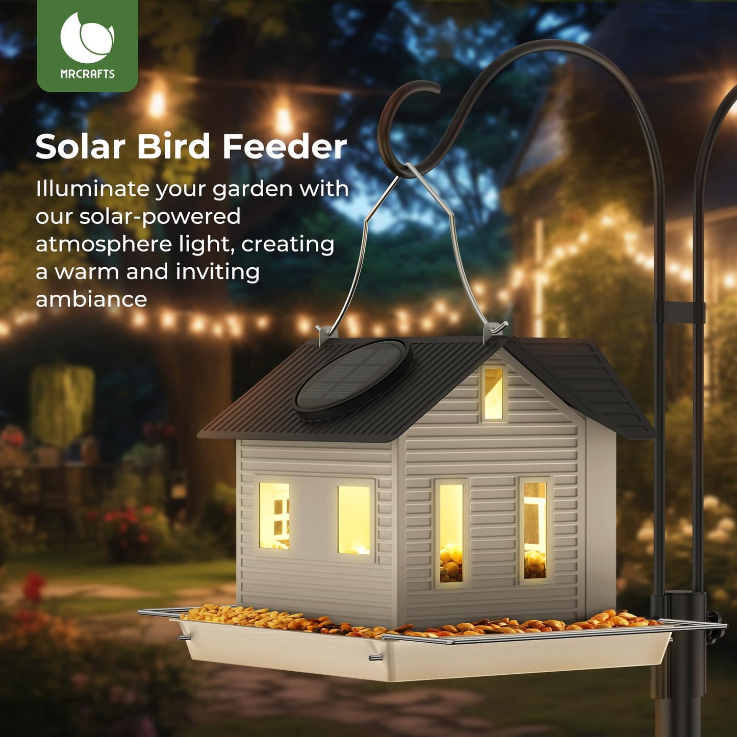 MrCrafts Solar Bird Feeder - Hanging Metal Bird House Feeder with Solar Lights, Outdoor Solar Lantern, Garden Decor for Outside, Unique Gifts for Mom, Grandma, Christmas