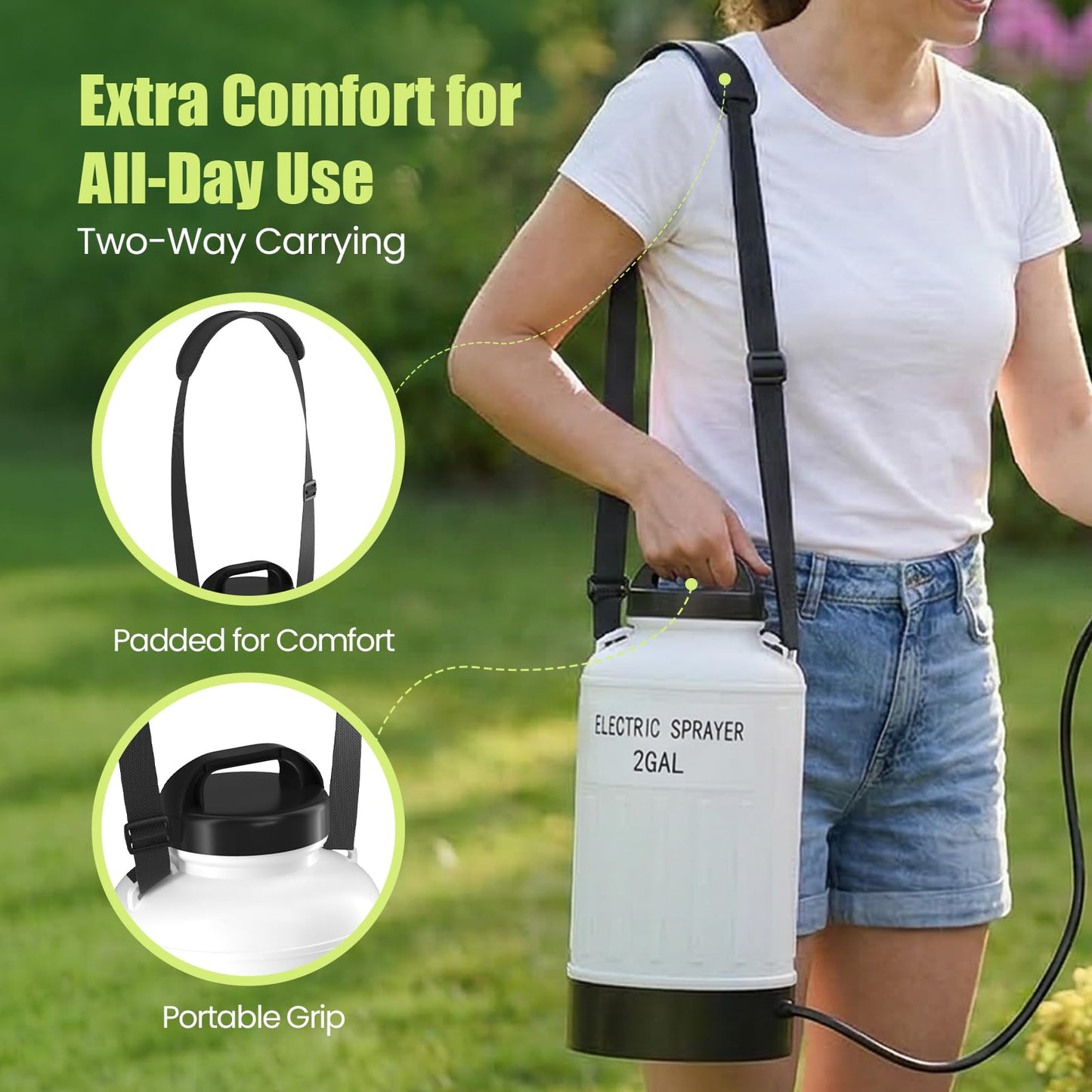 BUDSTR Electric Battery Powered Sprayer 2 Gallon, USB Rechargeable 3.7V, Leak-Proof Retractable Wand, 3 Nozzles, 3-Hour Runtime and Adjustable Shoulder Strap for Lawn, Garden and Plant Care
