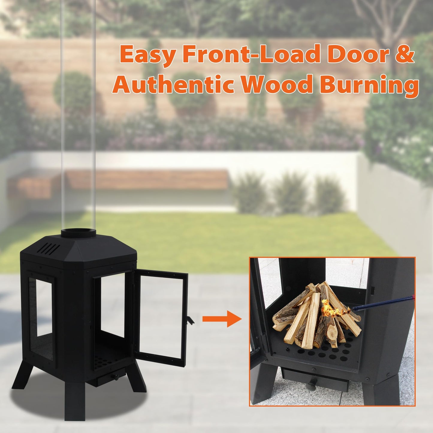 Beneouya Wood Burning Patio Heater with Glass Viewing Window, Glass Tube, Fire Pits for Outside Wood Burning, Outdoor Fire Pit for Backyard, Patio