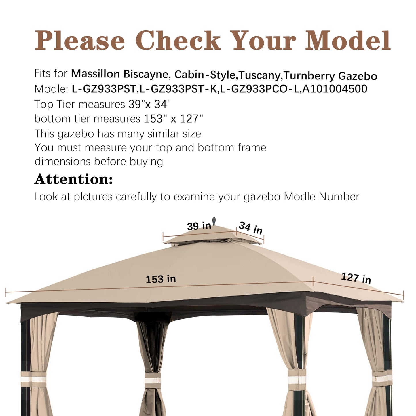 SCOCANOPY Replacement Top for 10x12 FT Gazebo Massillon Biscayne,Cabin-Style L-GZ933PST,Turnberry L-GZ933PCO-L,Tuscany L-GZ933PST-K (Light Beige Ripstop)