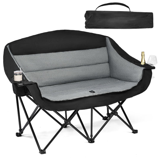Double Camping Chair Loveseat - 2 Person Oversized Camping Couch for Adults Padded Heavy Duty Outdoor Lawn Beach Portable Folding Chairs with Cup Holders and Carry Bag Support 600lbs, Black/Grey