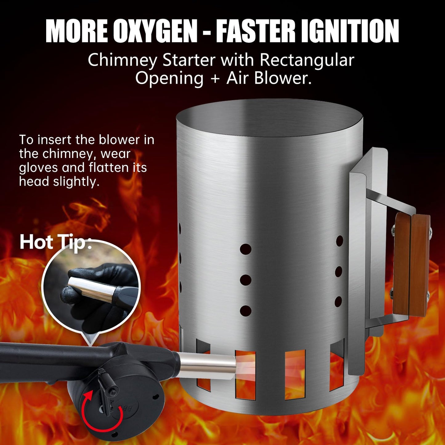 BRIAN & DANY Charcoal Chimney Starter Set for BBQ, Rapid Chimney Starter for Charcoal Grill with Heat Resistant Gloves and Blower, Large-Capacity Design 7.09" x 7.09" x 10.63"