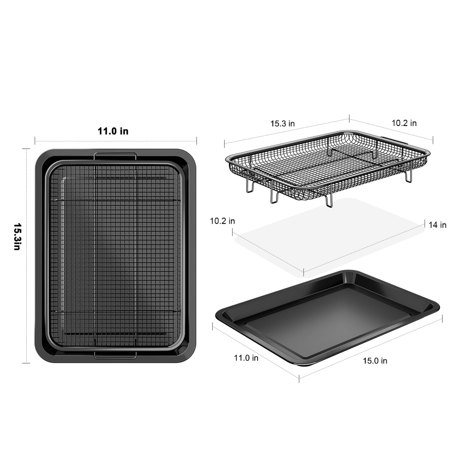 Air Fryer Basket for Oven, OPENICE 15.3" x 11.0" Air Fryer Tray and Pan Set with 30PCS Parchment Papers, Stainless Steel Oven Air Fryer Basket and Tray for Baking Grilling - Black