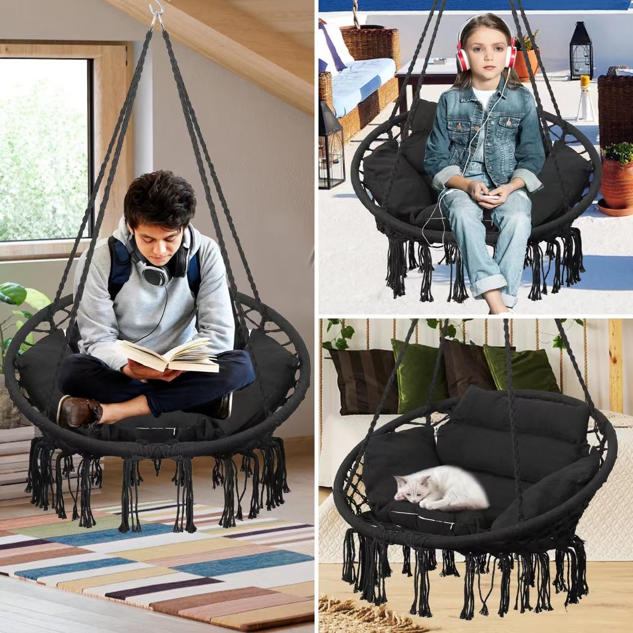 Goutime Hammock Chair with Hanging Hardware Kit and Back Cushions,Macrame Boho Swing Chairs for Indoor,Outdoor,Bedroom,Patio (Black)