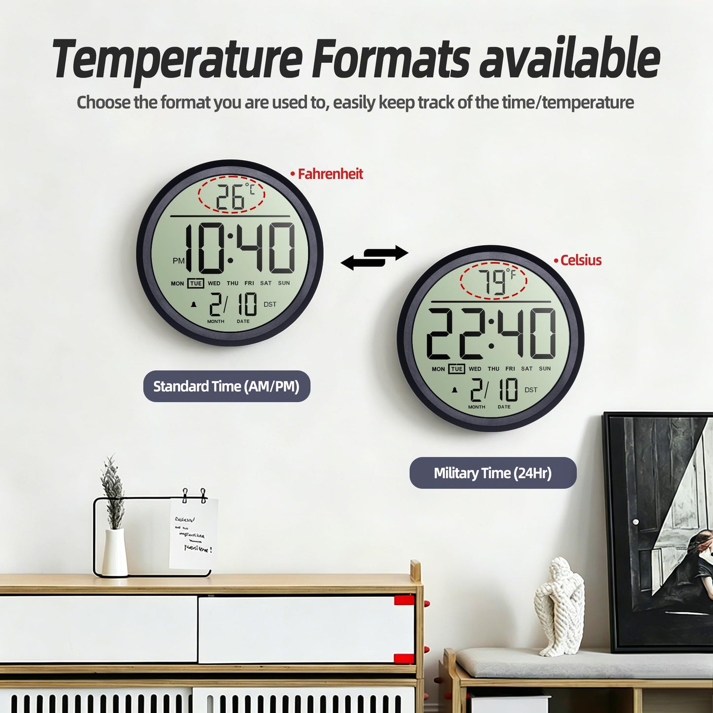 Maxstar Digital Wall Clock Battery Operated, 8 Inch Digital Clock with Date and Temperature, 12/24H, Seconds, Alarm, DST, Desktop/Wall Mounted for Home, Office, Bedroom(Black)