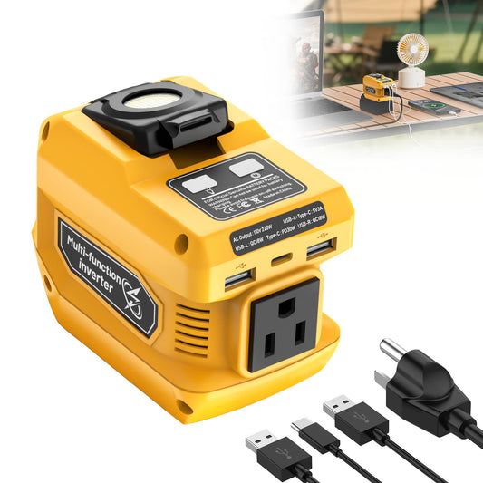 Hisecren 220W Portable Power Inverter Compatible with Dewalt 20V Battery, DC 20V to AC 110V Battery Inverter, Power Station with 400LM LED Work Light, 1 AC Outlet, 2 USB Ports &1 Type-C, Fast Charging